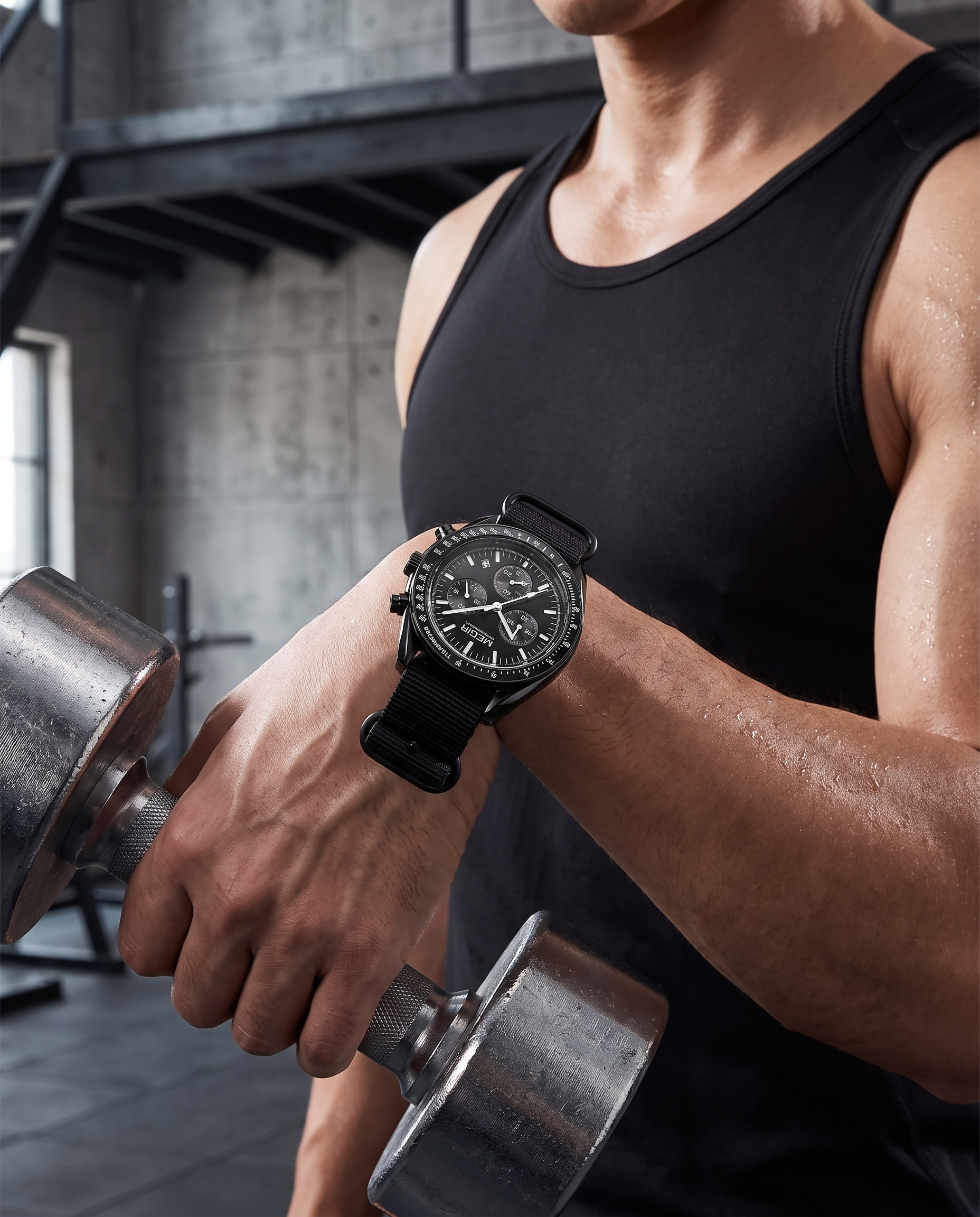 MEGIR 2247 worn on the left wrist in the gym while lifting a dumbbell