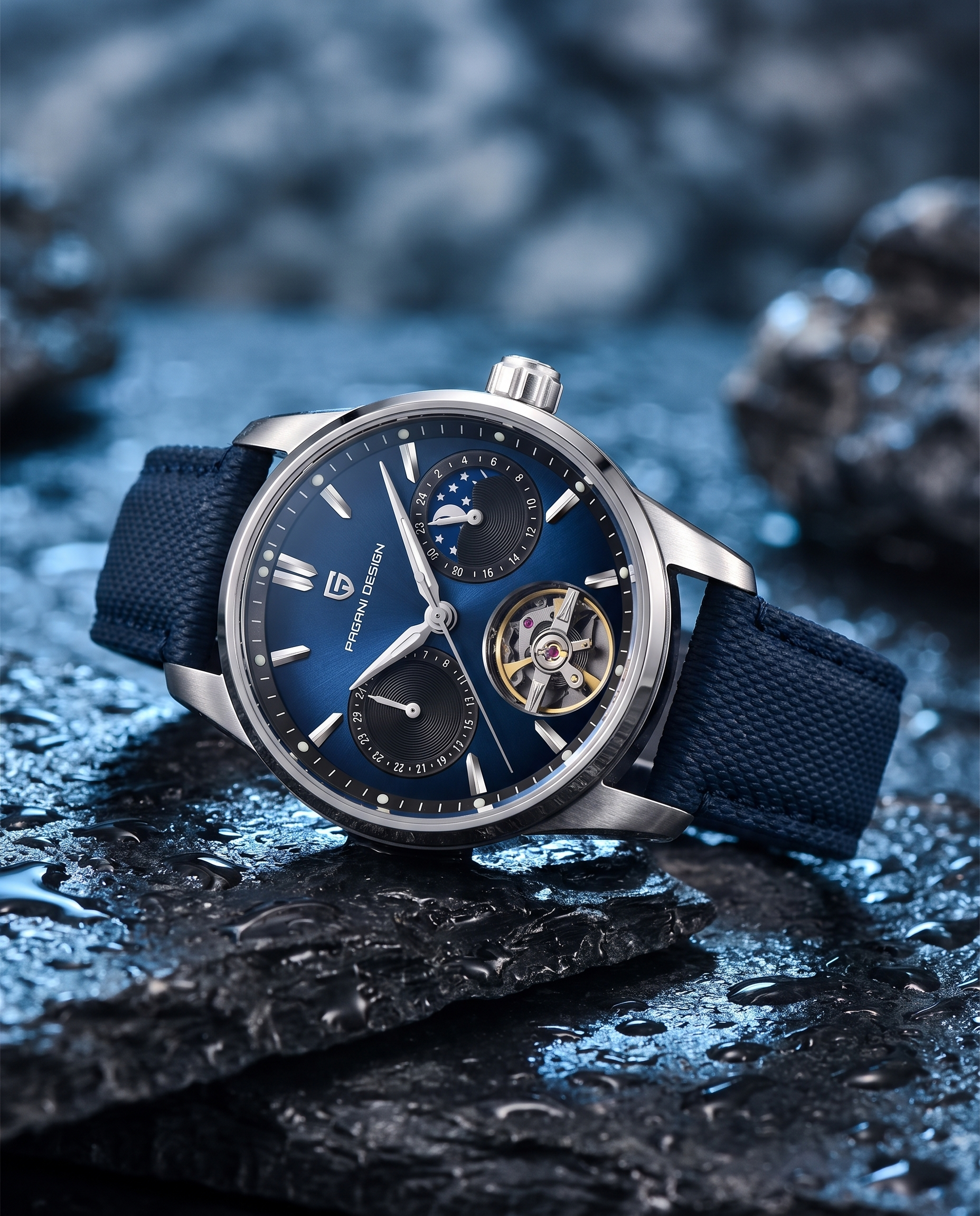 Pagani PD-YS021 lifestyle shot on dark slate with water droplets