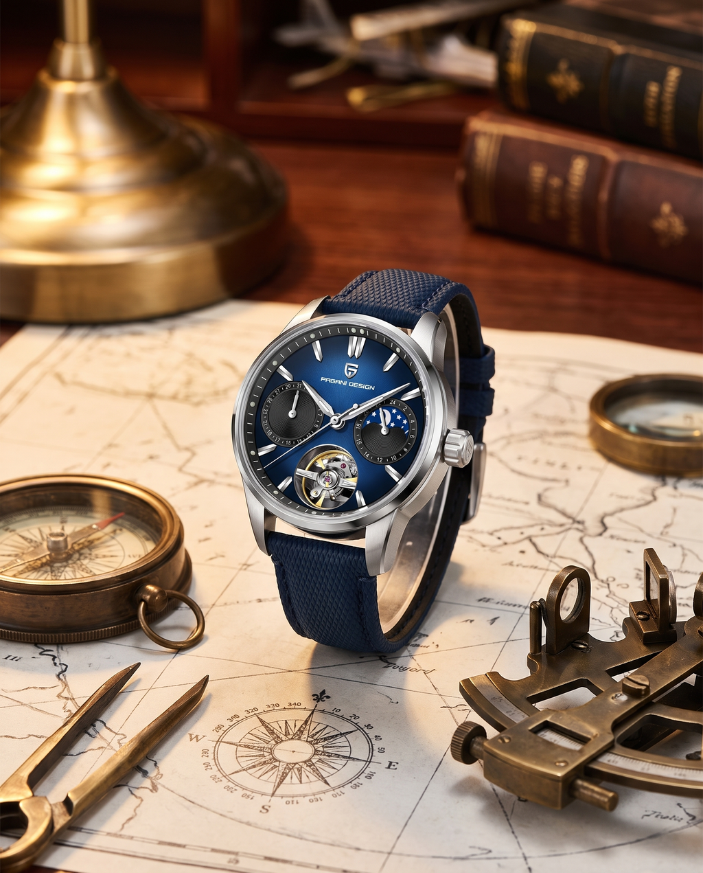 Pagani PD-YS021 on a navigation chart with brass pilot instruments