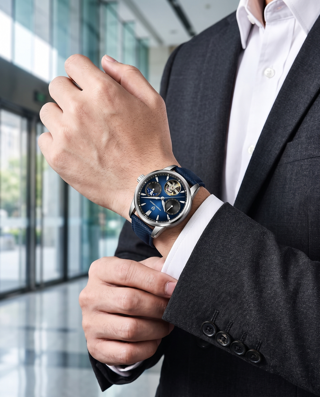 Pagani PD-YS021 worn on the left wrist with a charcoal suit