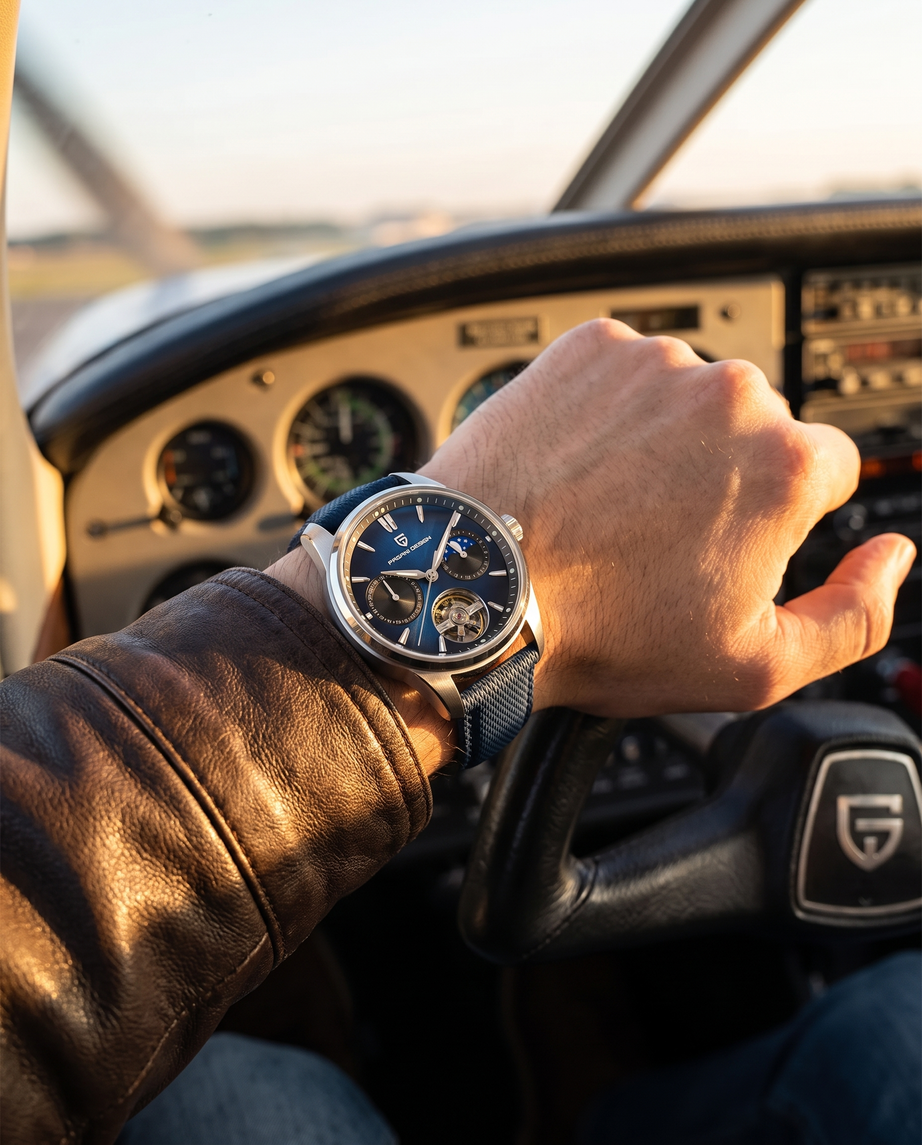 Pagani PD-YS021 worn on the left wrist in an aircraft cockpit at golden hour