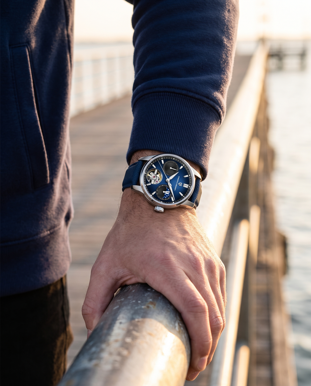 Pagani PD-YS021 worn on the left wrist on a waterfront boardwalk