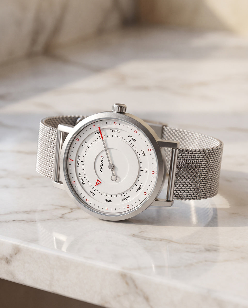 SINOBI S9809G white dial silver mesh one-hand quartz watch still-life view