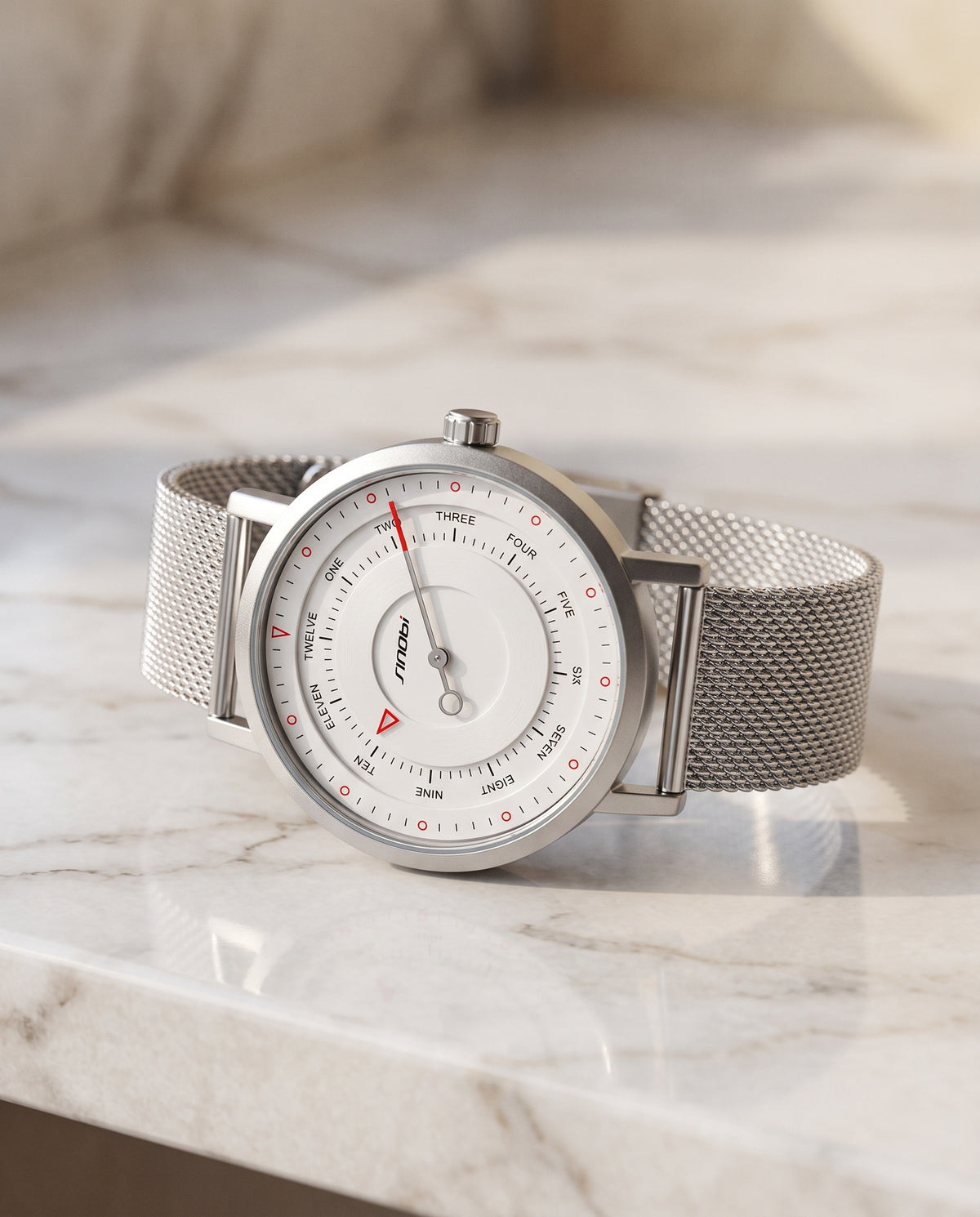 SINOBI S9809G white dial silver mesh one-hand quartz watch still-life view