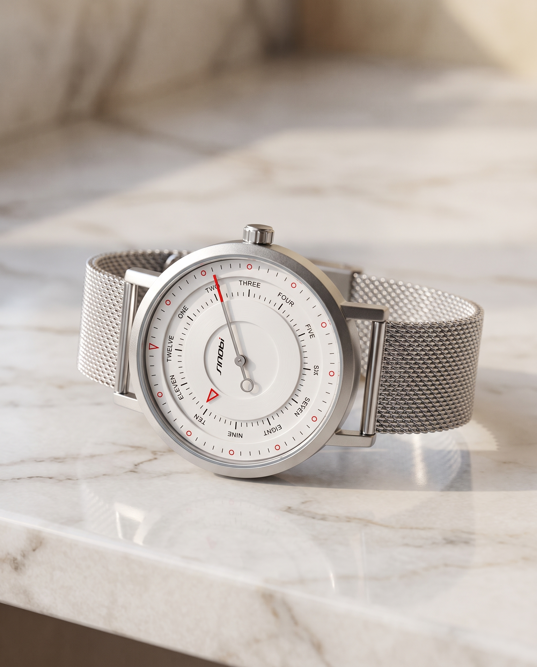 SINOBI S9809G white dial silver mesh one-hand quartz watch still-life view
