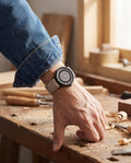 SINOBI S9805G beige leather one-hand quartz watch worn at a workshop