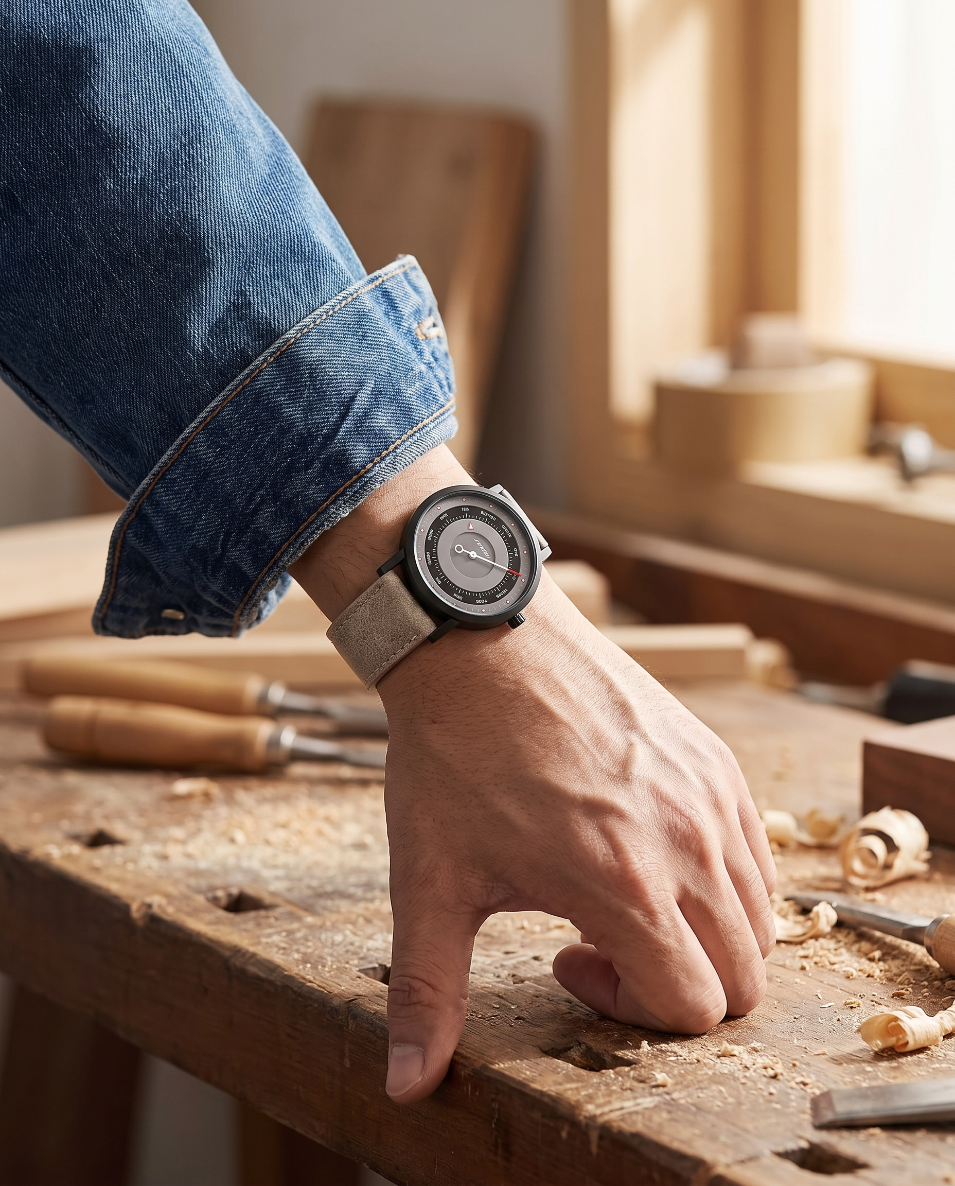 SINOBI S9805G beige leather one-hand quartz watch worn at a workshop