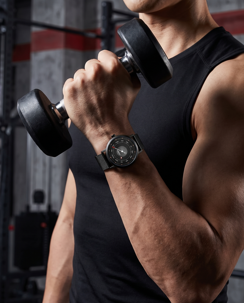 SINOBI one-hand watch Black/Steel Mesh worn gym