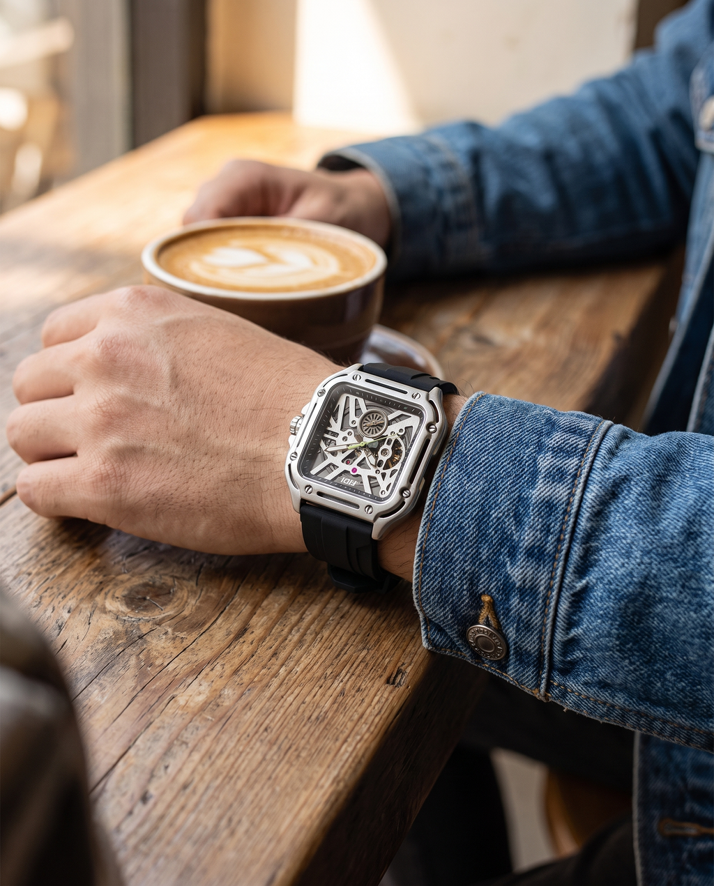 Man in denim jacket at cafe wearing FIDI silver square skeleton watch
