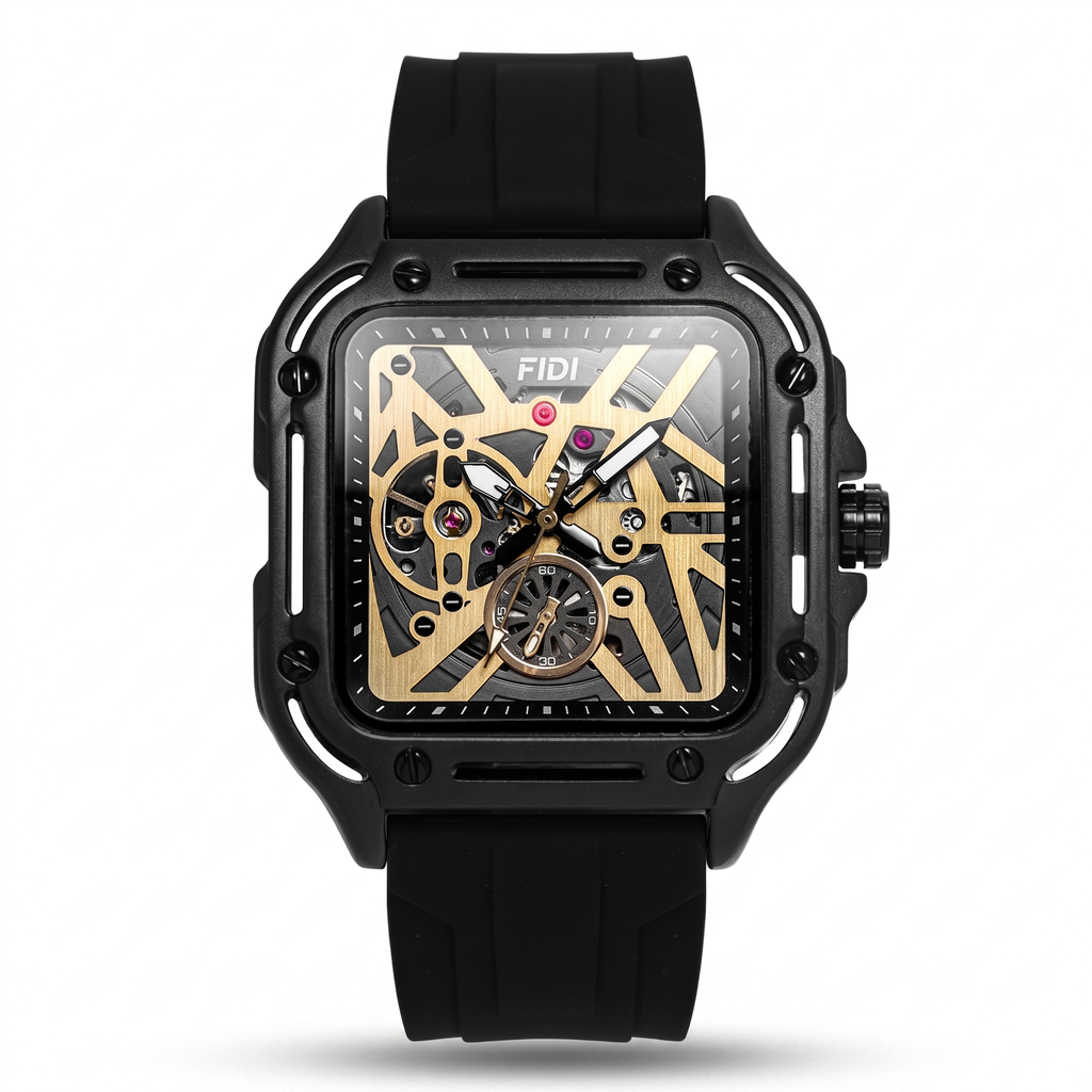 FIDI square skeleton automatic watch, black case gold skeleton dial, black silicone strap