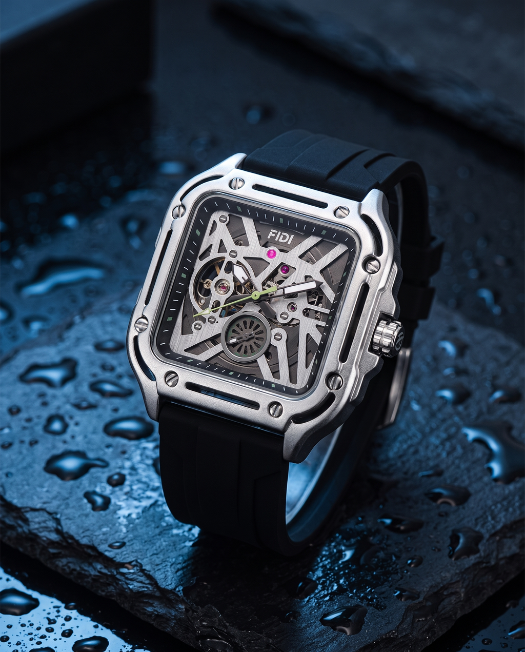 FIDI silver skeleton automatic watch on dark slate with water droplets