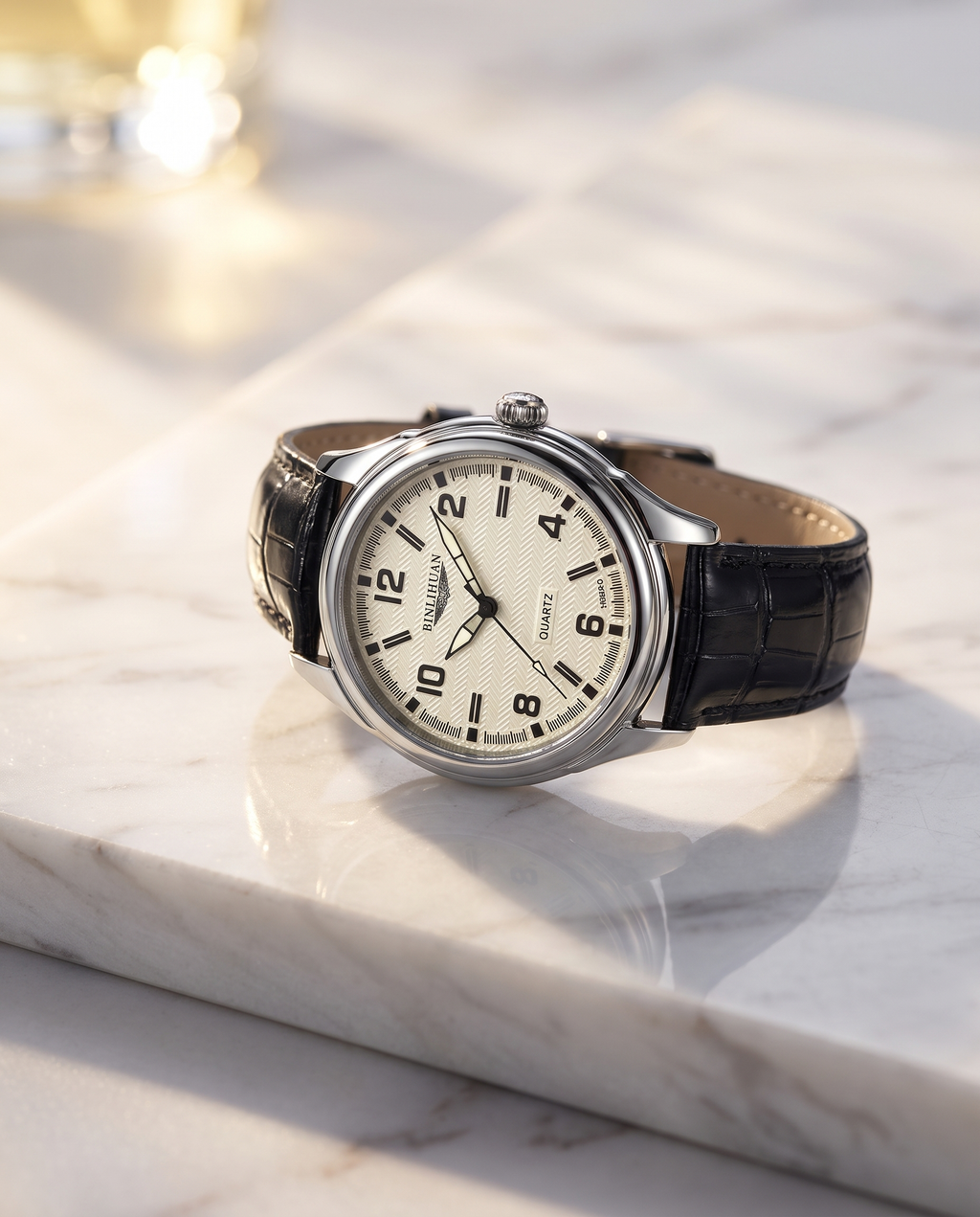 AWC textured cream-dial quartz watch displayed on white marble
