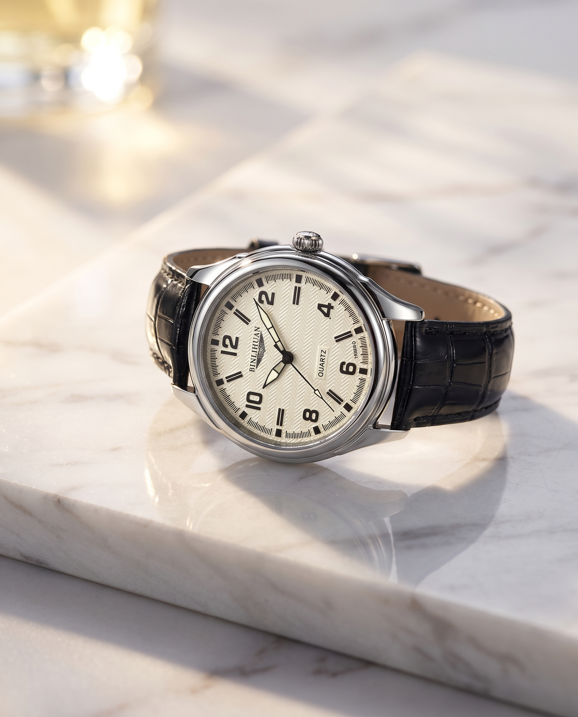 AWC textured cream-dial quartz watch displayed on white marble