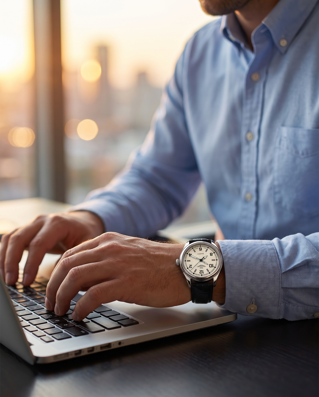 Man wearing the AWC textured cream-dial quartz watch with a black leather strap