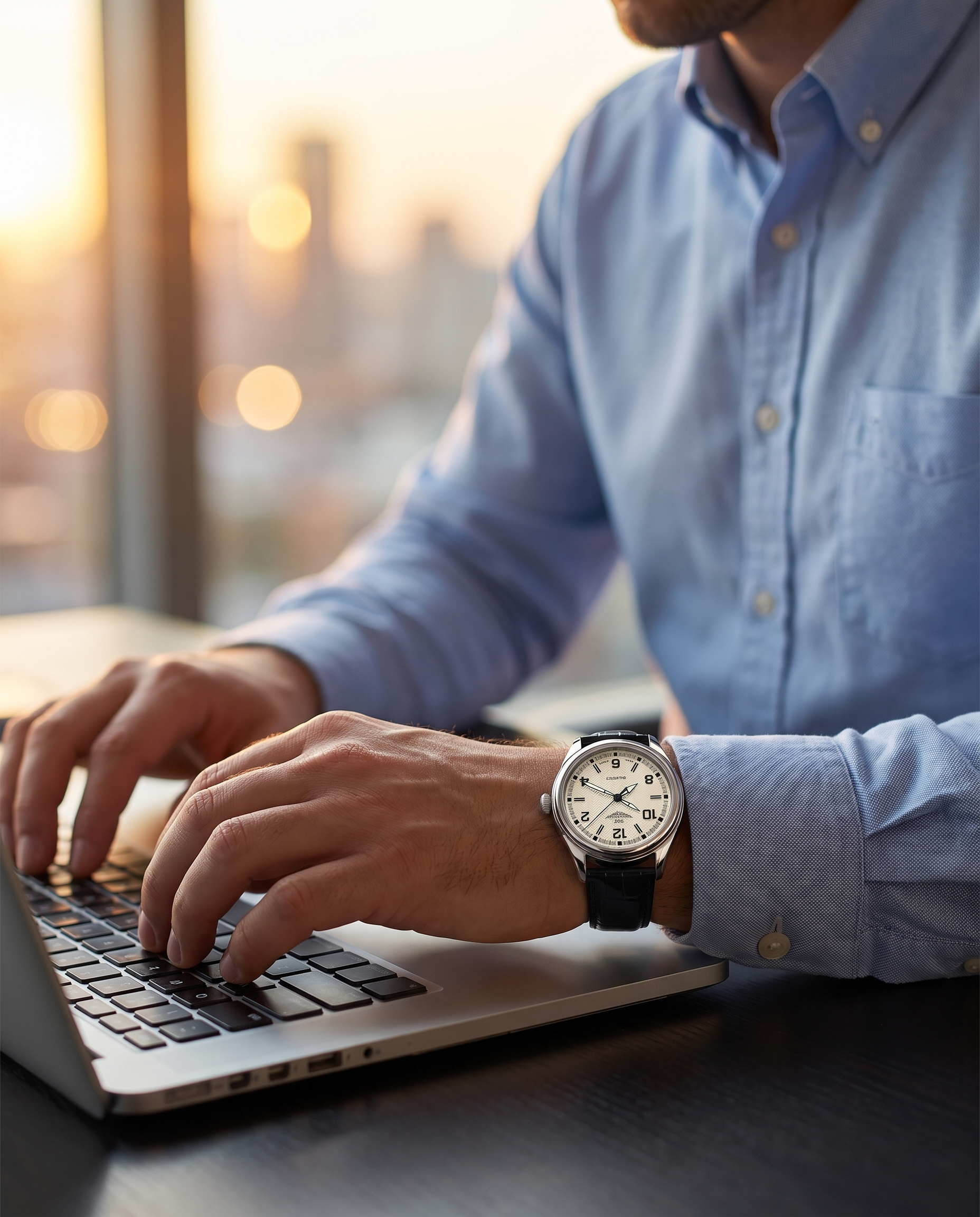 Man wearing the AWC textured cream-dial quartz watch with a black leather strap