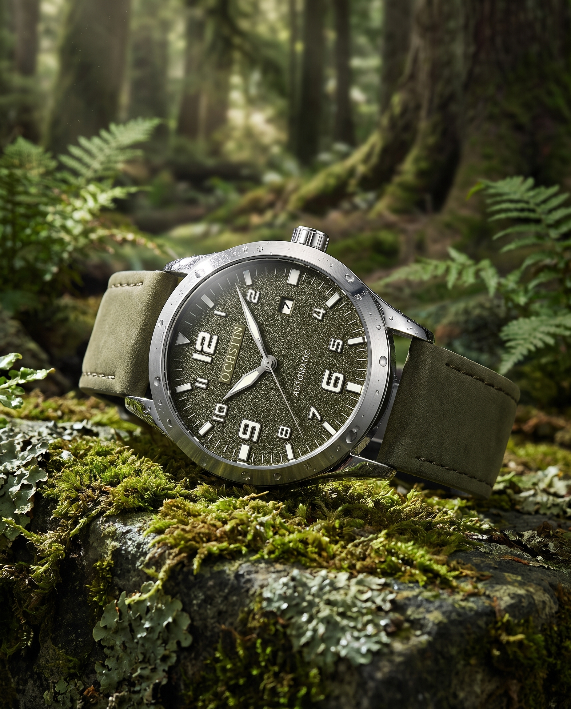 OCHSTIN green automatic watch on mossy forest stone