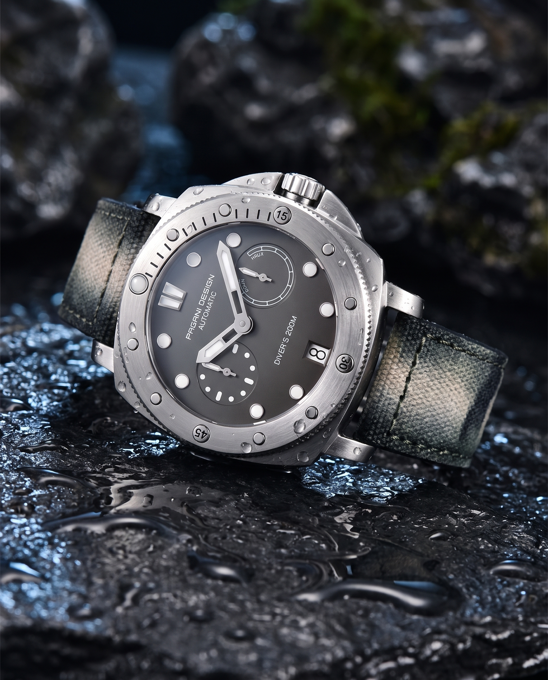 Pagani Design gray dive watch on wet stone