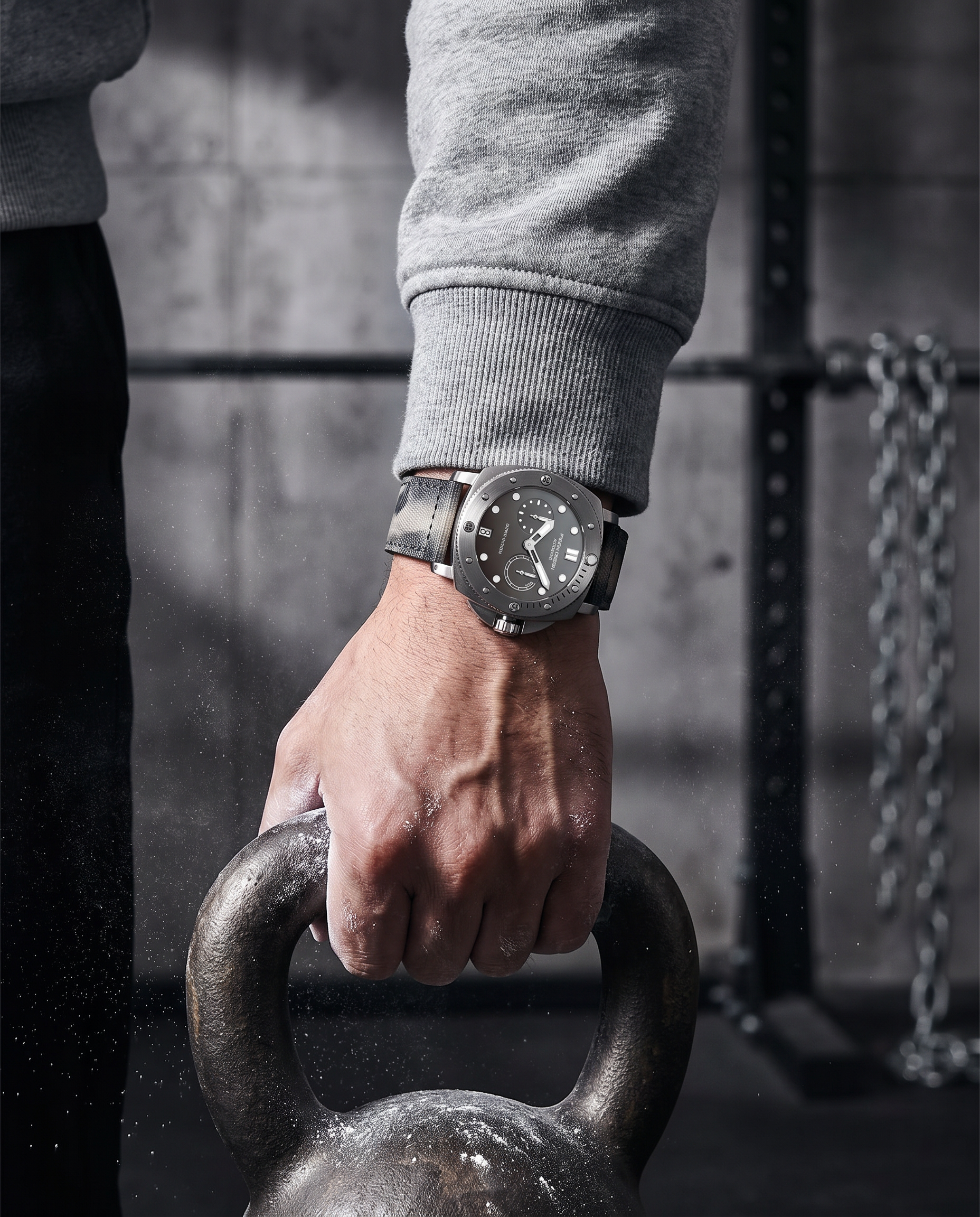 Man in gym wearing Pagani Design gray dive watch