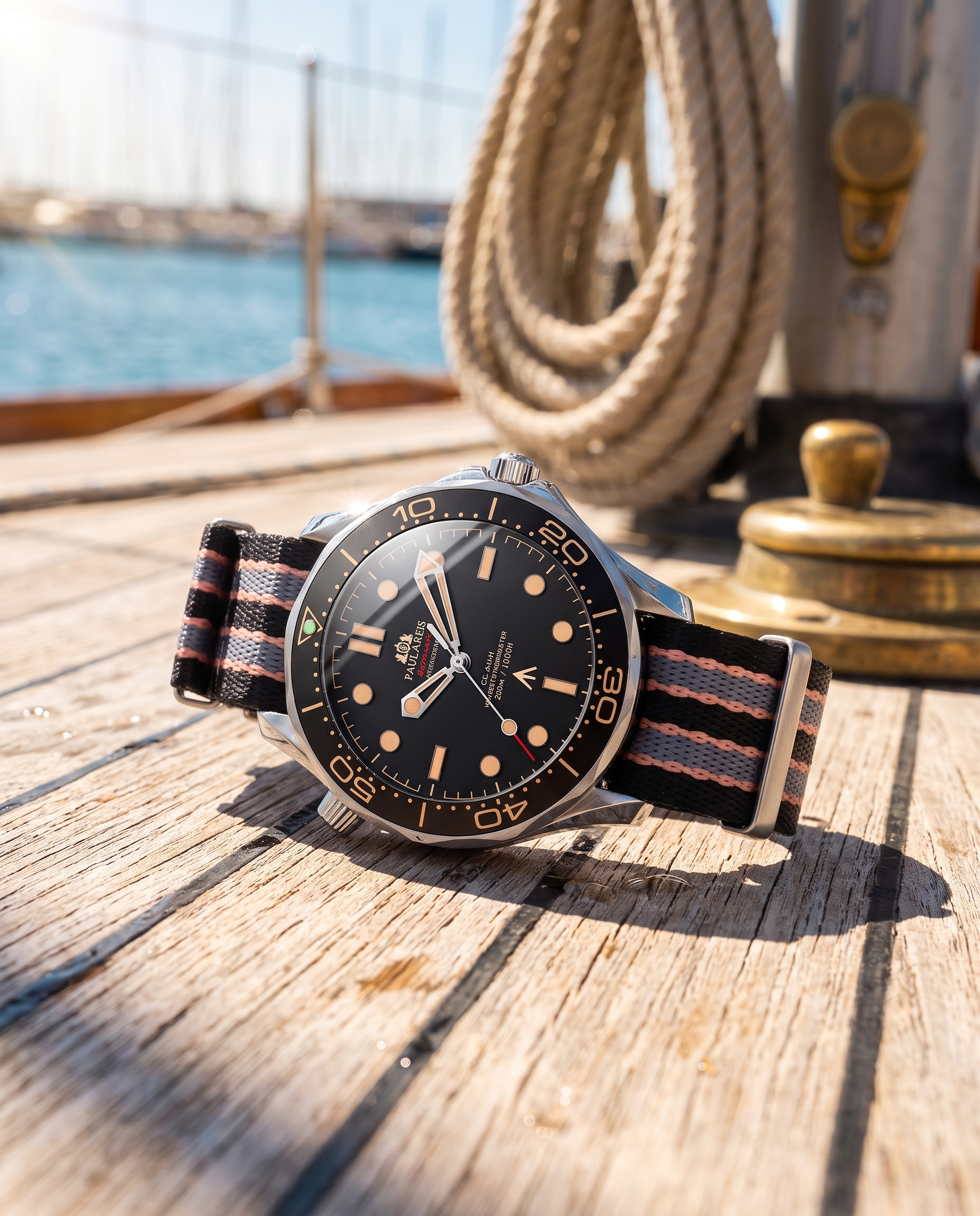 Paulareis dive watch with striped NATO strap on sailboat deck