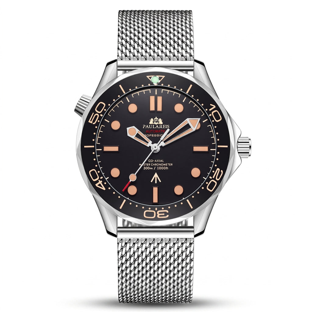 Paulareis silver dive watch with orange accents and steel mesh bracelet, studio hero
