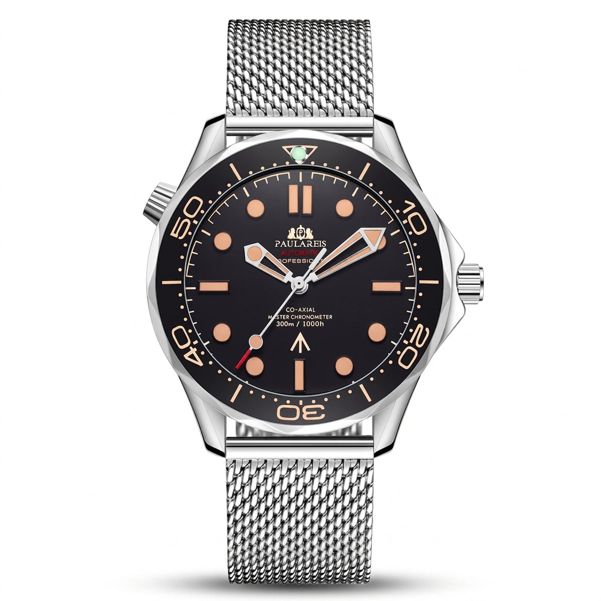 Paulareis silver dive watch with orange accents and steel mesh bracelet, studio hero