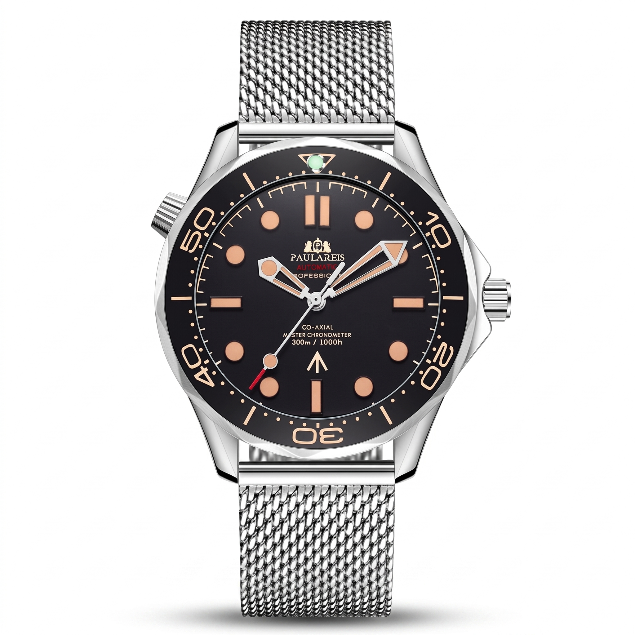 Paulareis silver dive watch with orange accents and steel mesh bracelet, studio hero