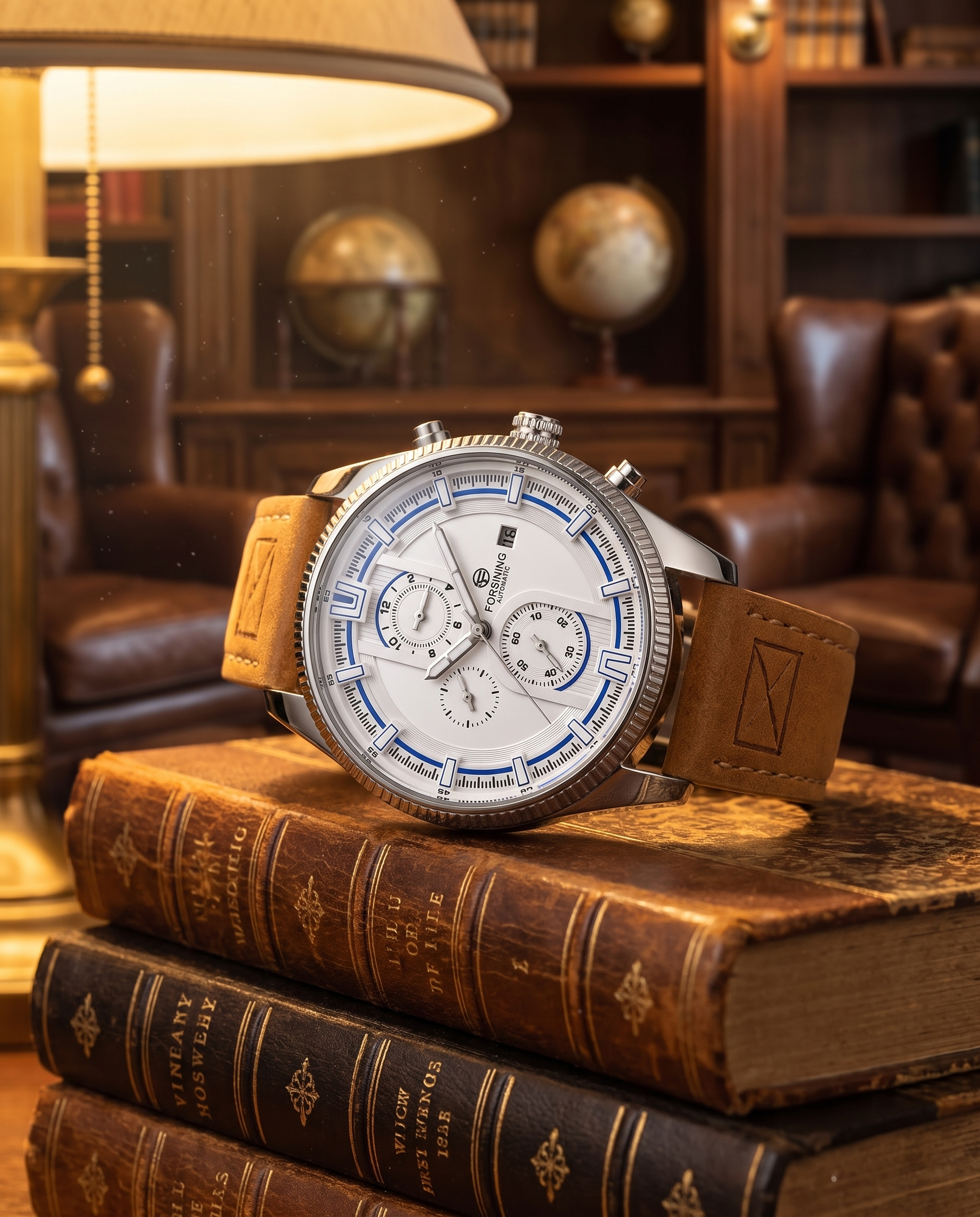 FORSINING White Dial automatic watch on books in warm study light