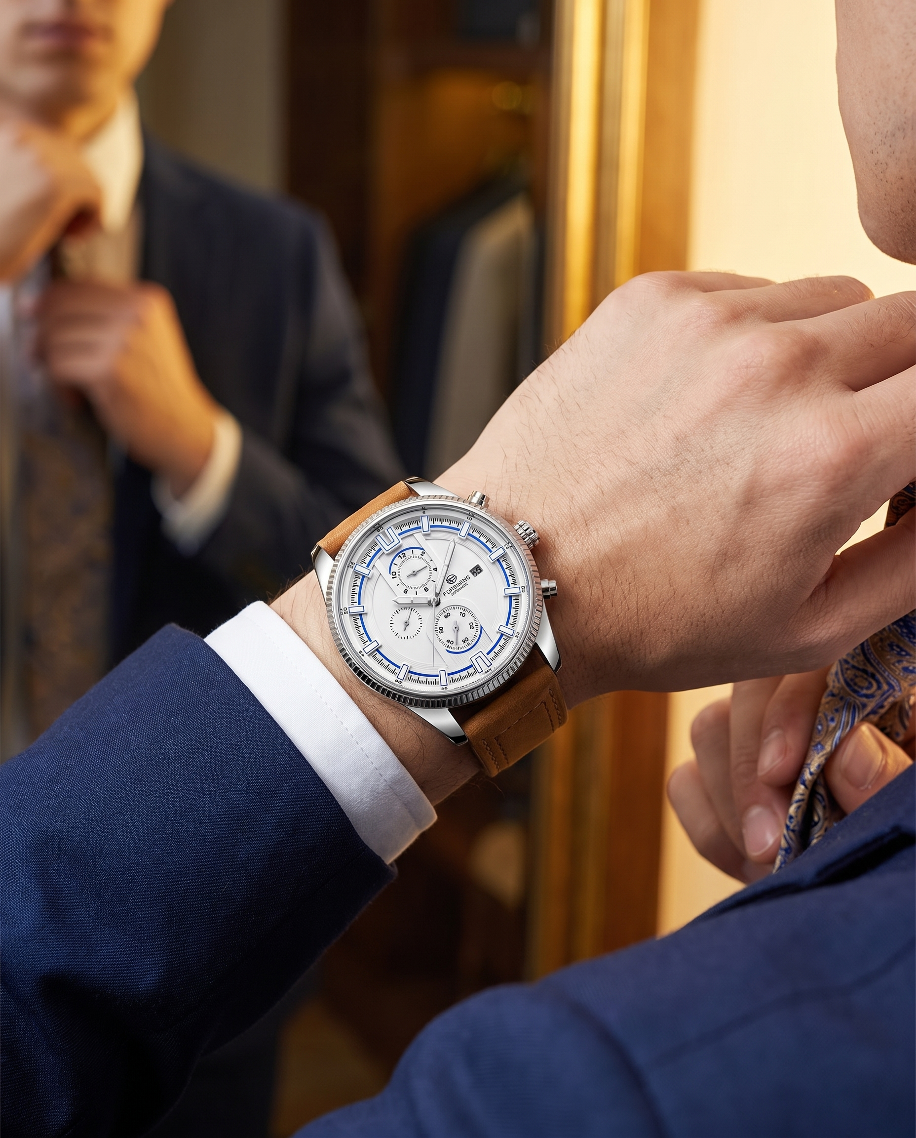 Man in a navy suit wearing the FORSINING White Dial automatic watch