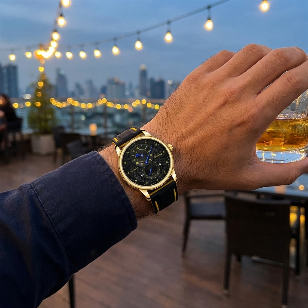 FORSINING 43mm automatic sport watch worn at an evening rooftop bar