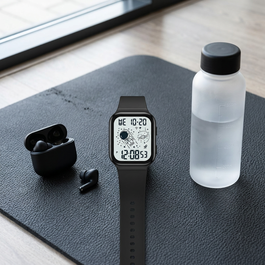 SKMEI 1863 digital watch on yoga mat with earbuds and water bottle