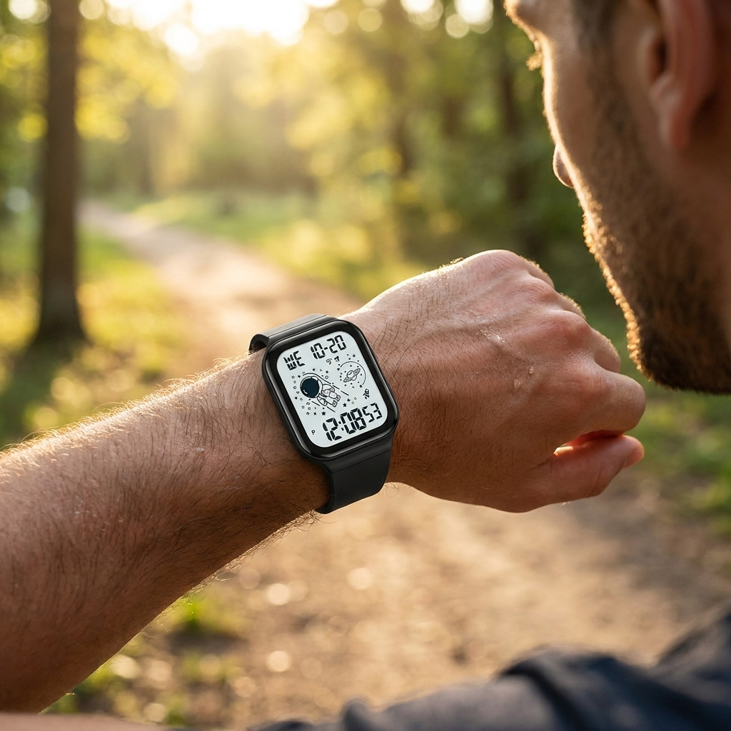 SKMEI 1863 digital watch on a runner's wrist on a park trail