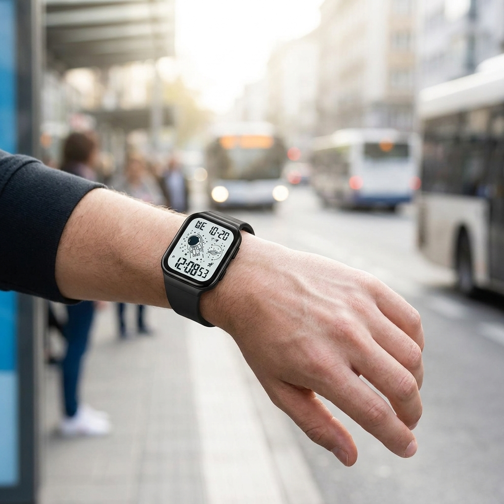 SKMEI 1863 digital watch on wrist checking time at a city bus stop