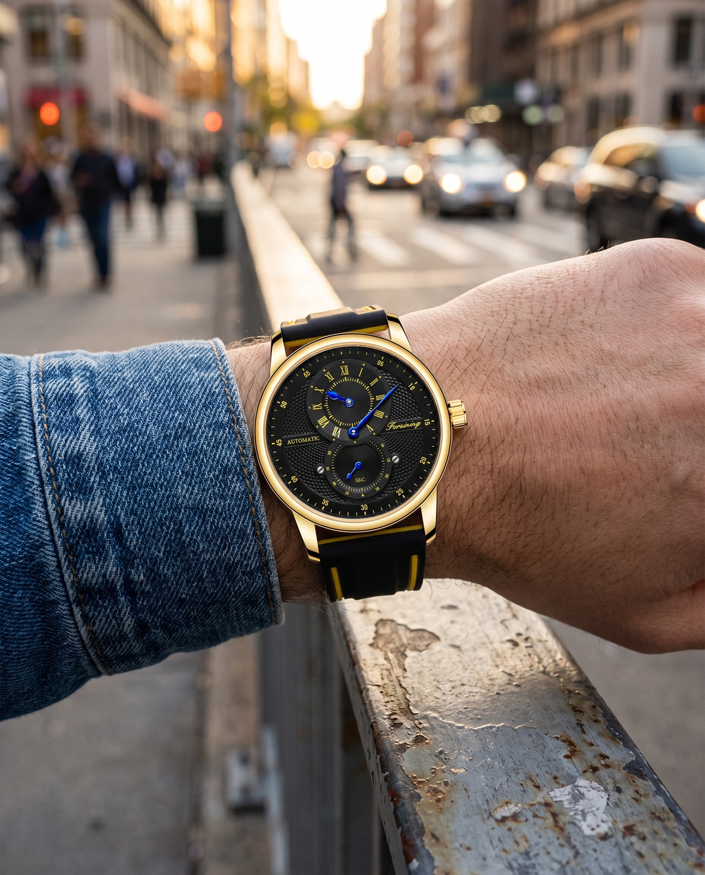 FORSINING 43mm automatic sport watch worn with a denim jacket on a city street