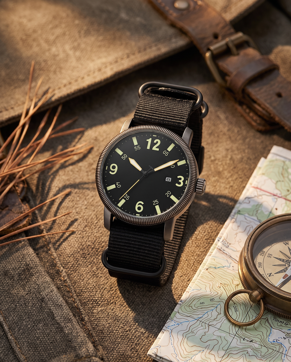 AWC field calendar quartz watch with black dial and black nylon strap on canvas beside a topographic map and compass