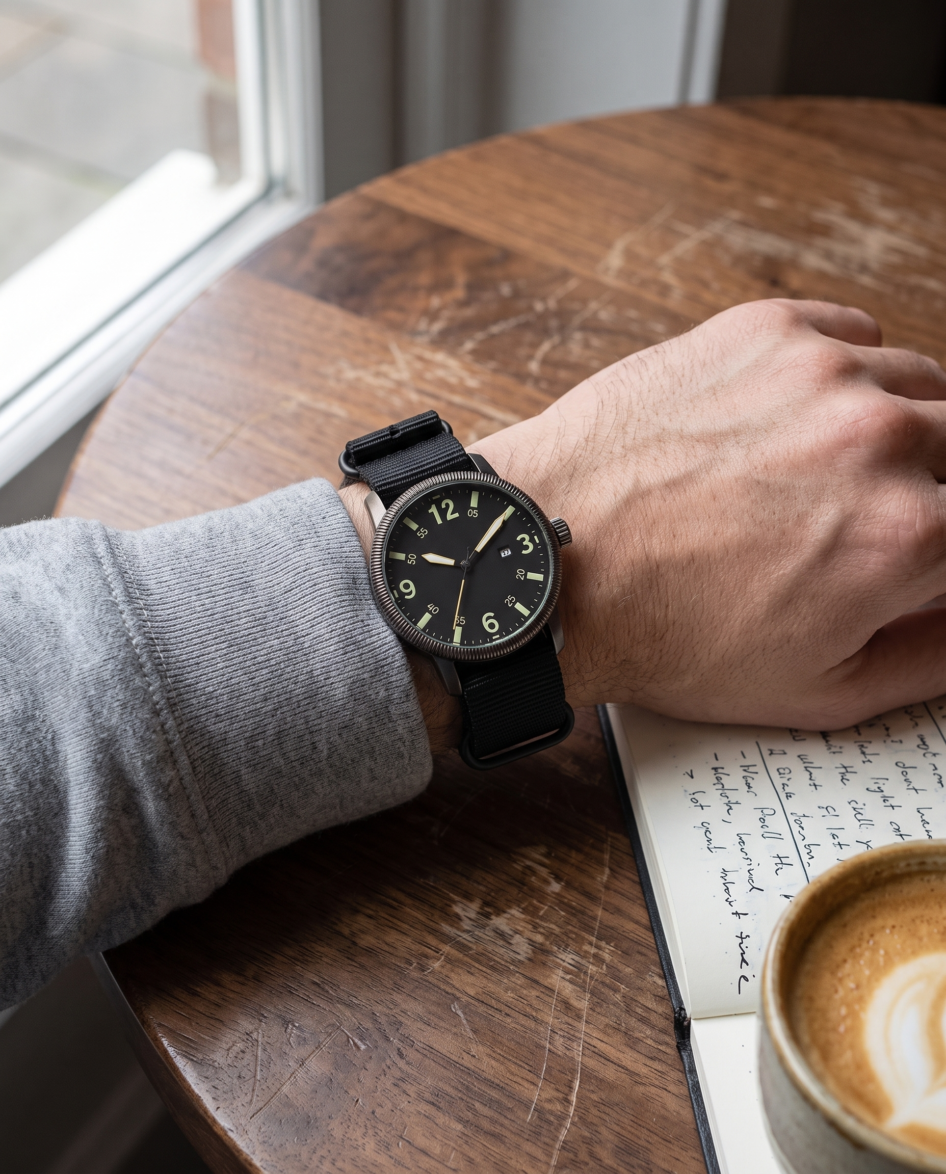 AWC field calendar quartz watch worn on a wrist at a cafe table with a notebook and coffee