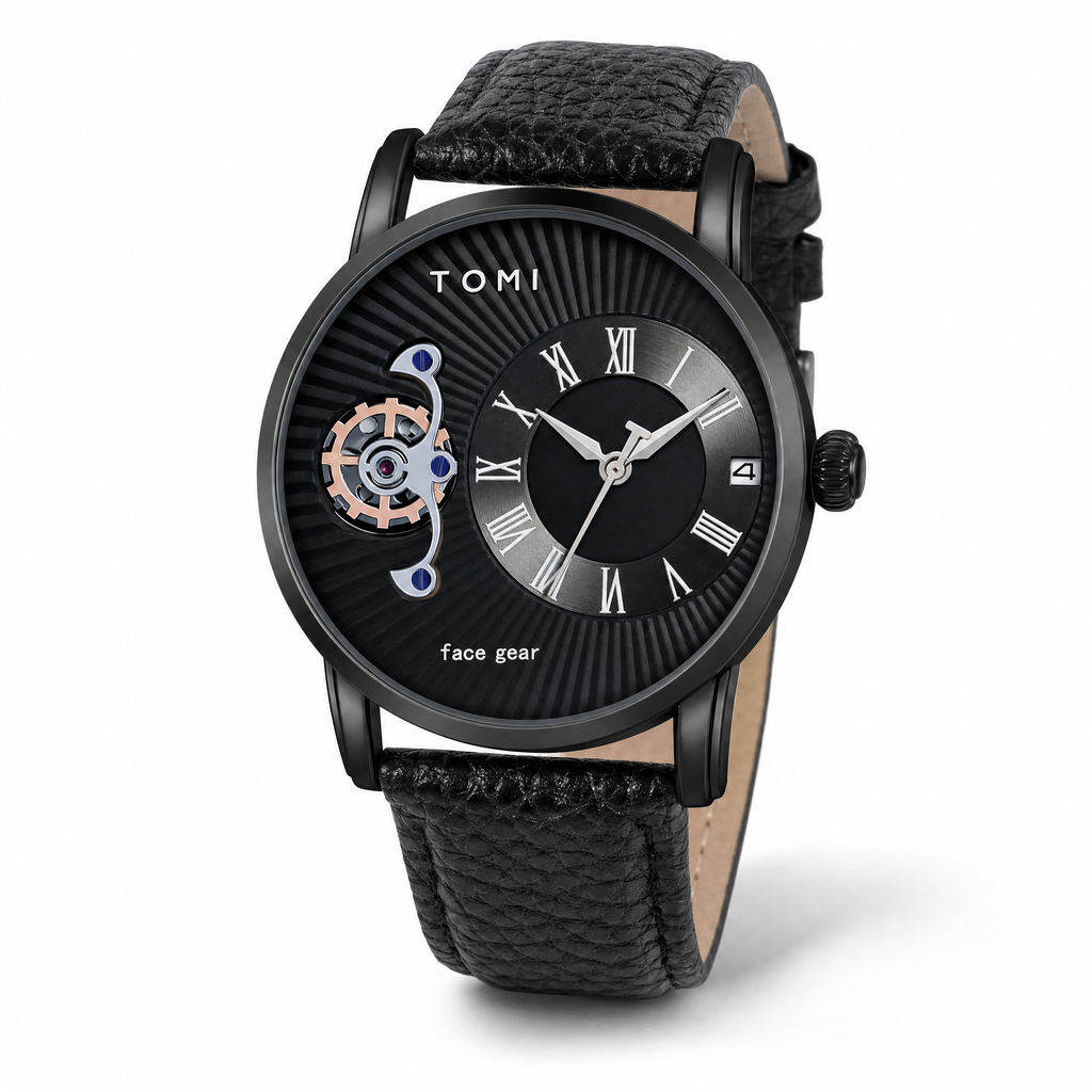 TOMI T104 black case and black Roman numeral dial with decorative face-gear detail and black leather strap