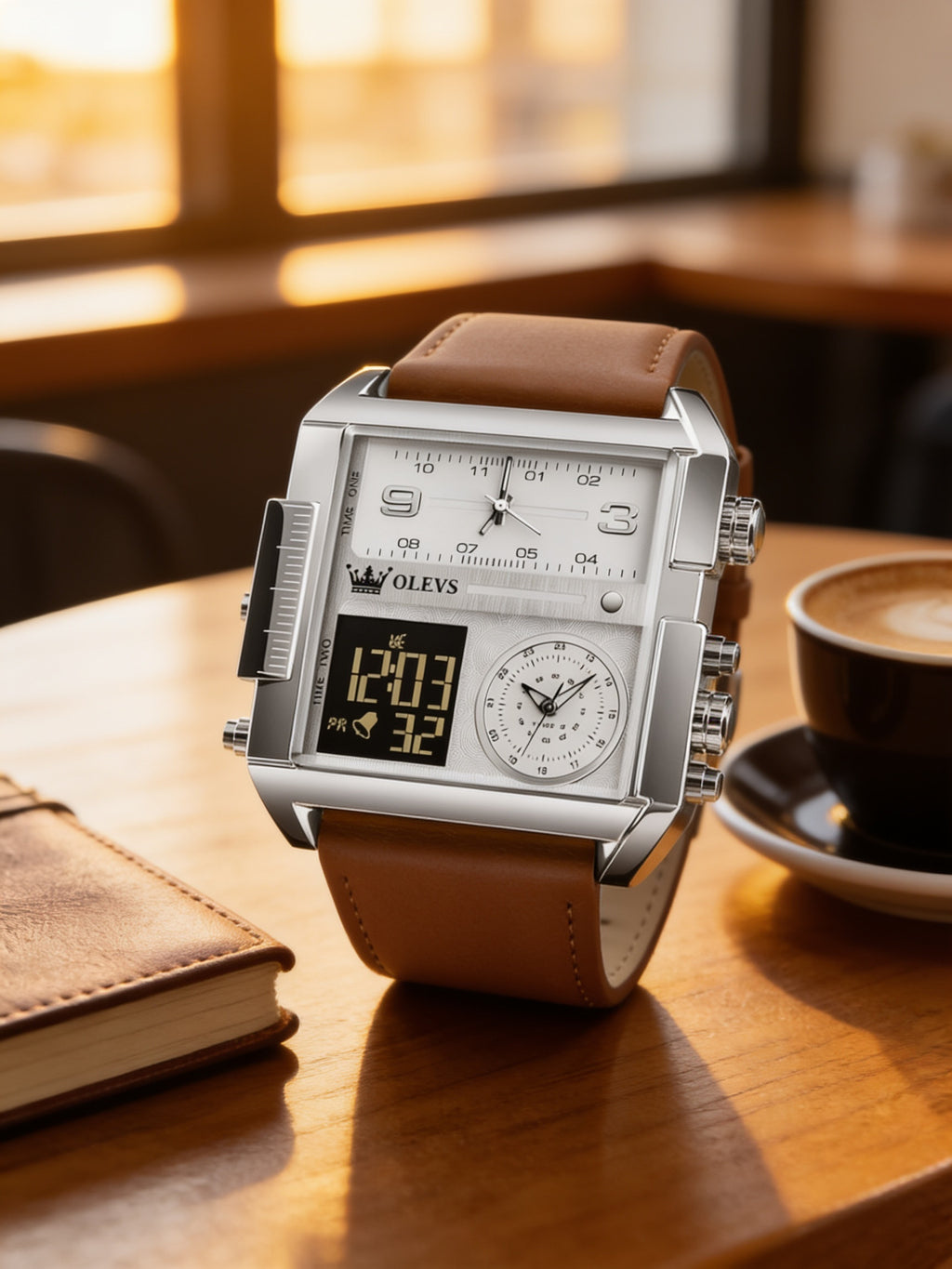 OLEVS silver and brown leather analog-digital watch on an oak cafe table in golden-hour light