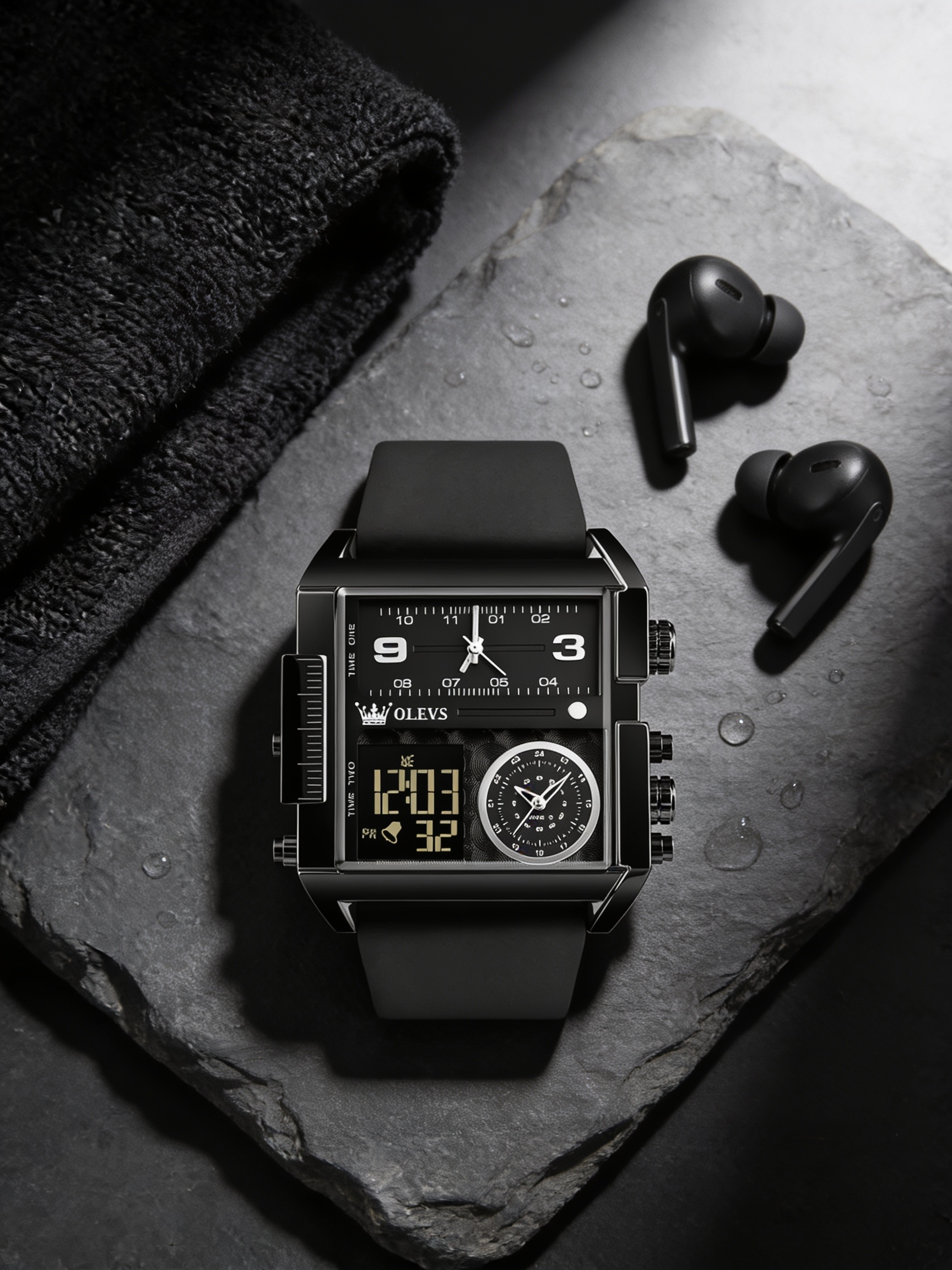 OLEVS 1101 black square analog-digital watch flat-lay on slate with gym towel and earbuds