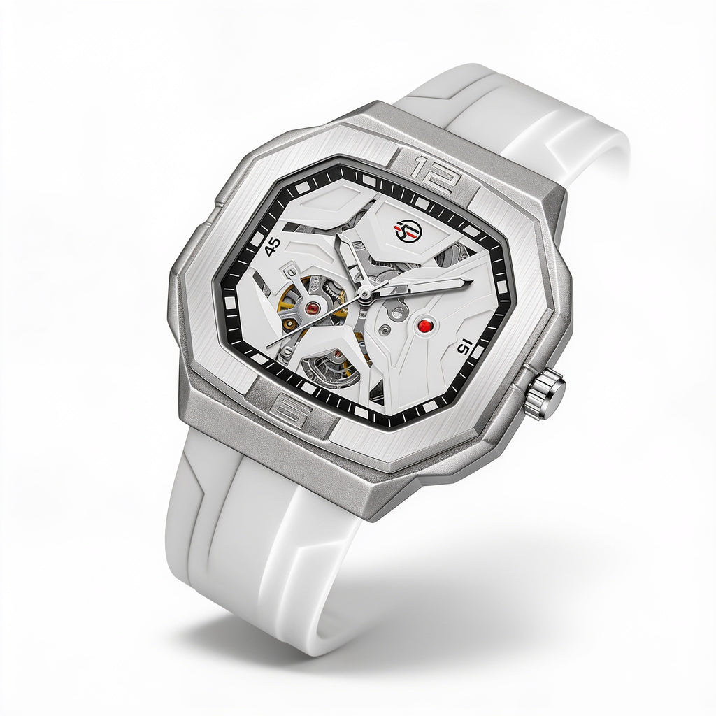 FORSINING 452A silver-white skeleton automatic watch studio hero on white background