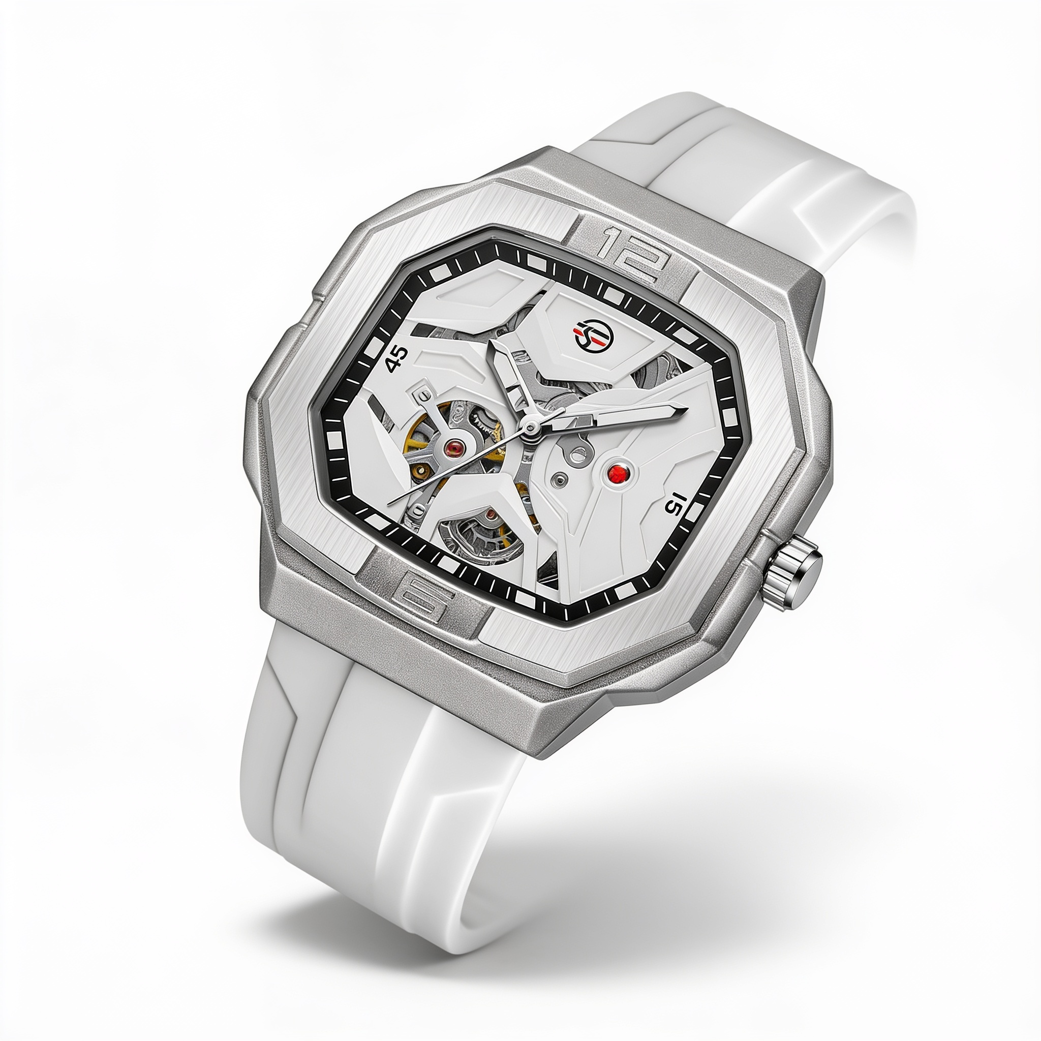 FORSINING 452A silver-white skeleton automatic watch studio hero on white background