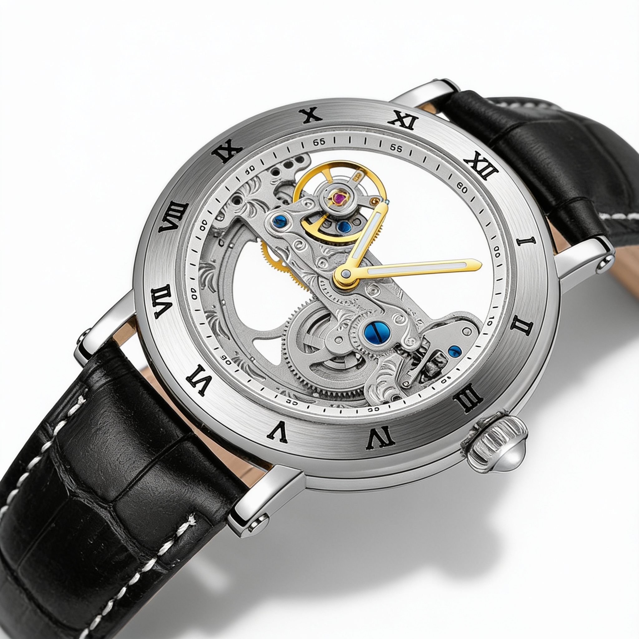 FORSINING Roman-bezel skeleton automatic watch, Black Silver style, studio view on white