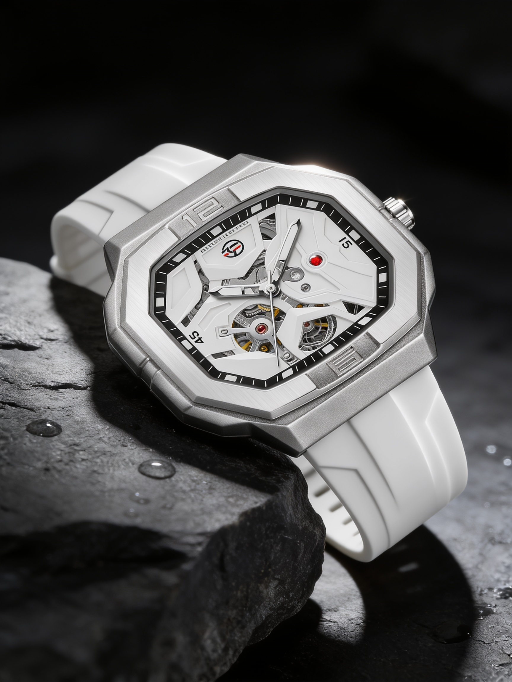 FORSINING 452A skeleton automatic watch on dark slate with water droplets