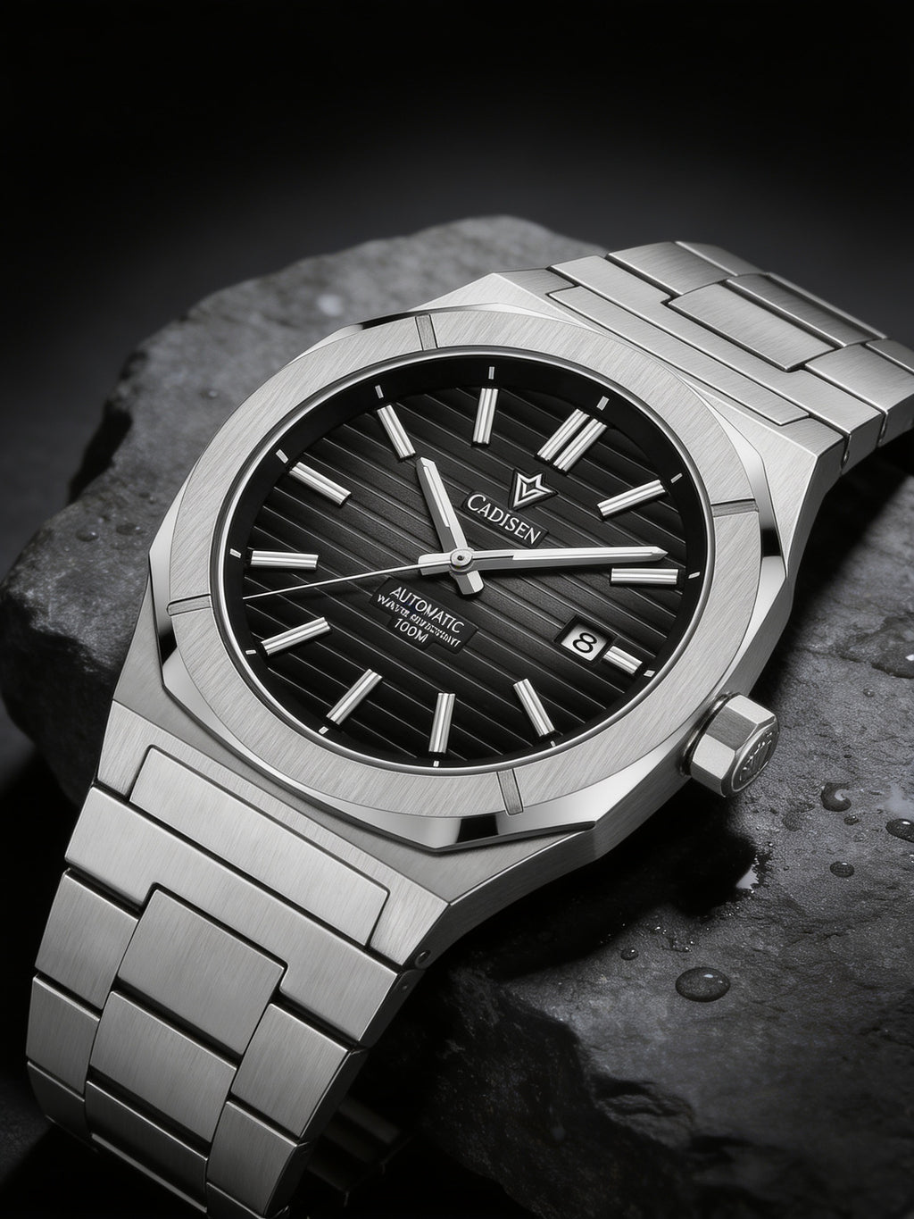 CADISEN C8200 automatic watch on dark slate with water droplets
