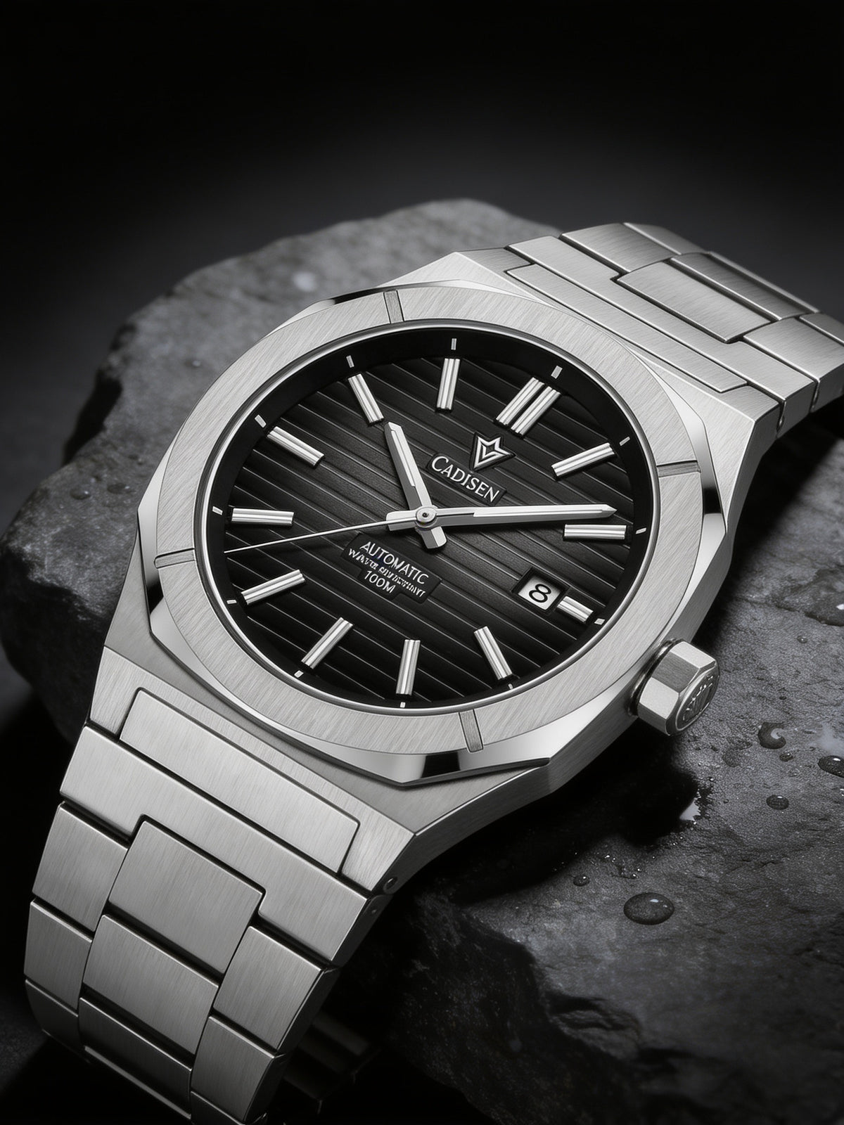 CADISEN C8200 automatic watch on dark slate with water droplets