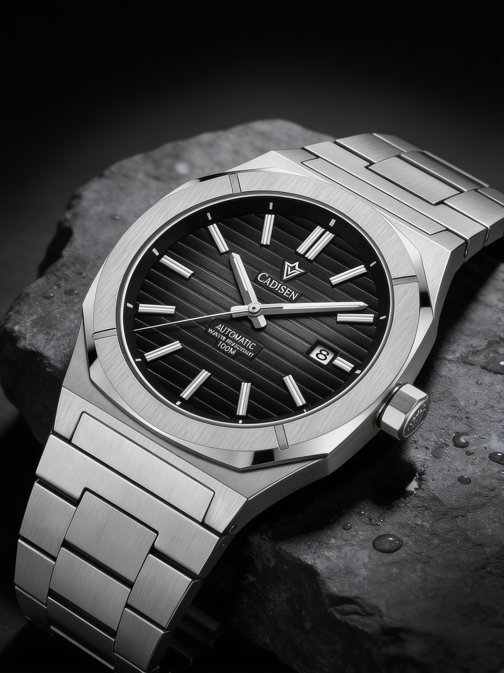 CADISEN C8200 automatic watch on dark slate with water droplets