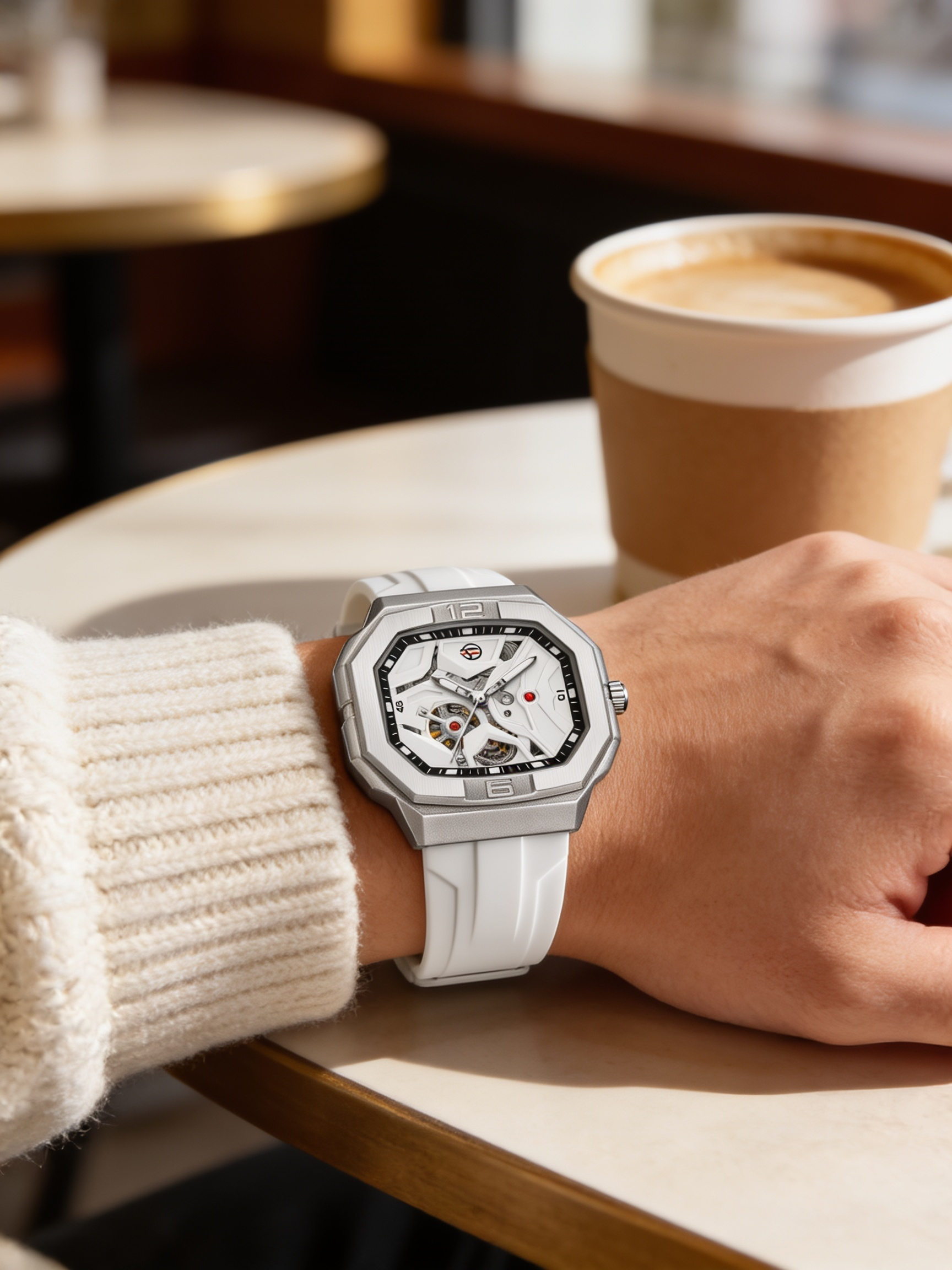 FORSINING 452A skeleton automatic watch worn on wrist at a cafe