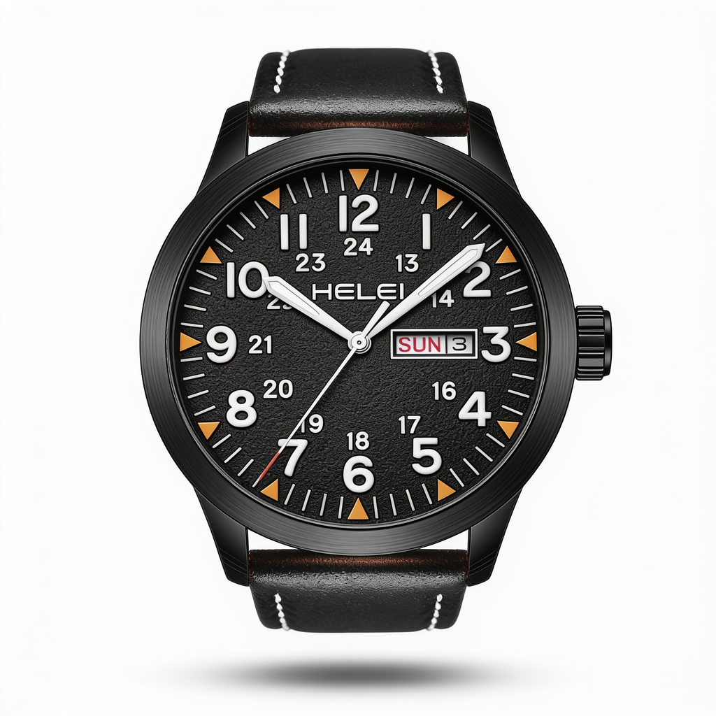 HELEI 42mm Black field-style quartz day-date watch studio hero on white
