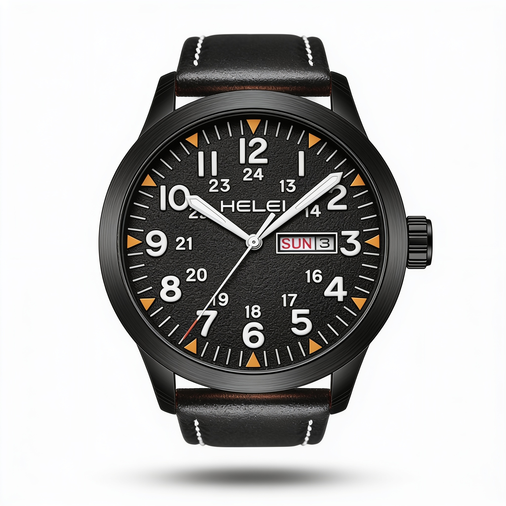 HELEI 42mm Black field-style quartz day-date watch studio hero on white