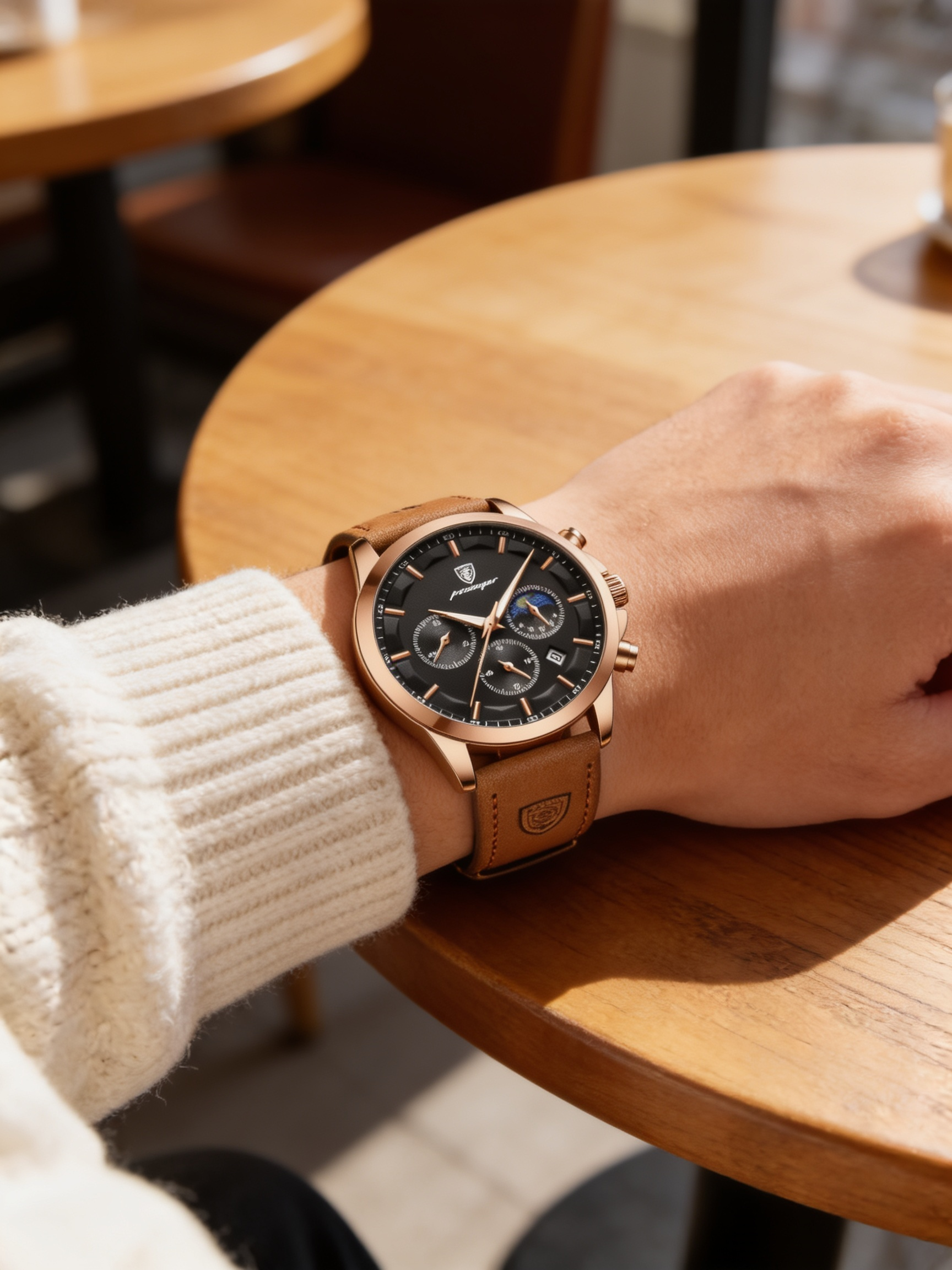 POEDAGAR 928 rose-gold chronograph worn on wrist at a cafe