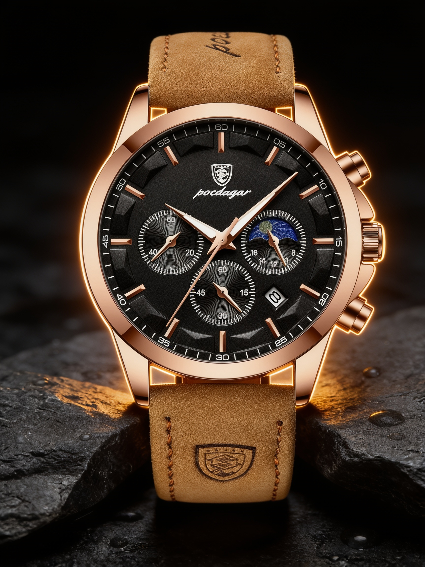 POEDAGAR 928 rose-gold chronograph on dark slate stone